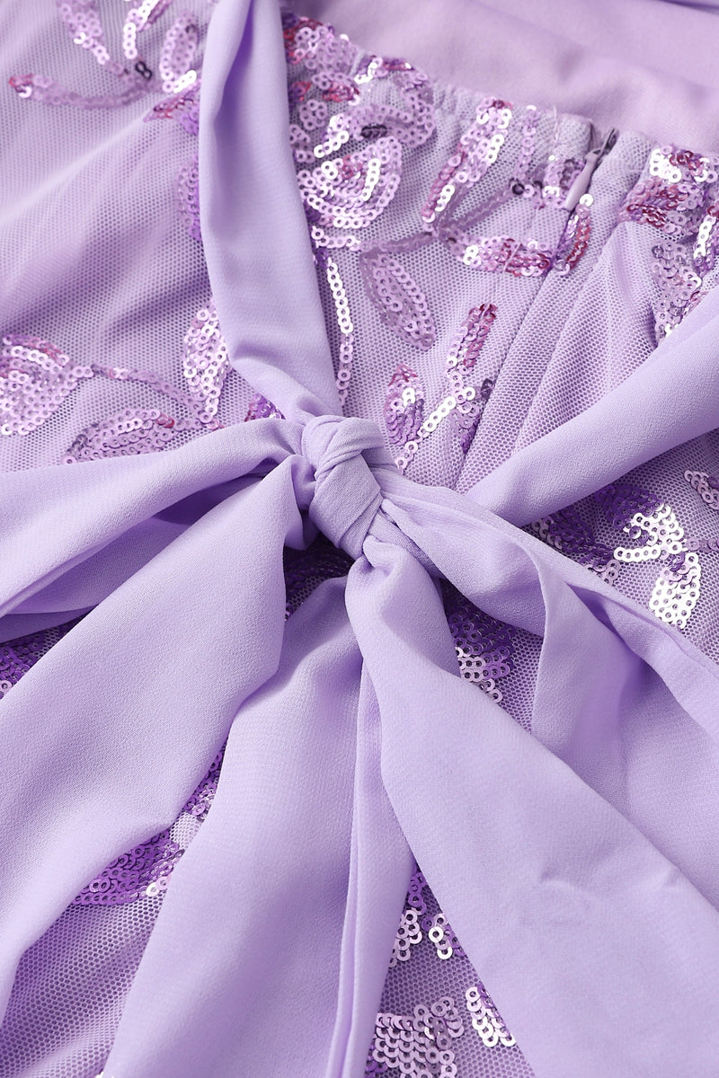 Square Neck Purple Floral Sequin Long Dress with Slit