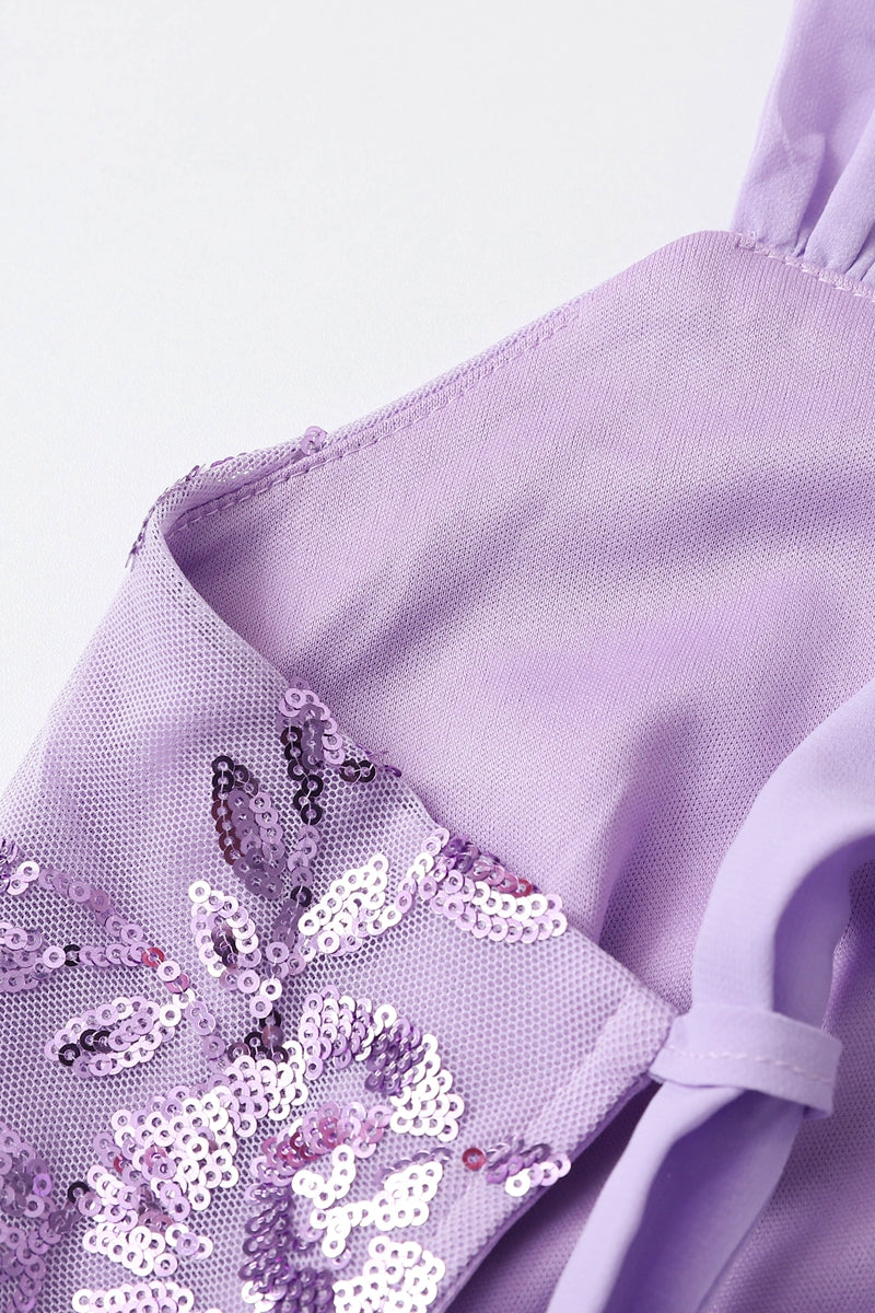 Square Neck Purple Floral Sequin Long Dress with Slit