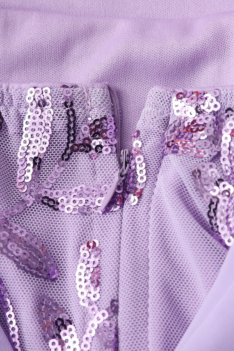 Square Neck Purple Floral Sequin Long Dress with Slit