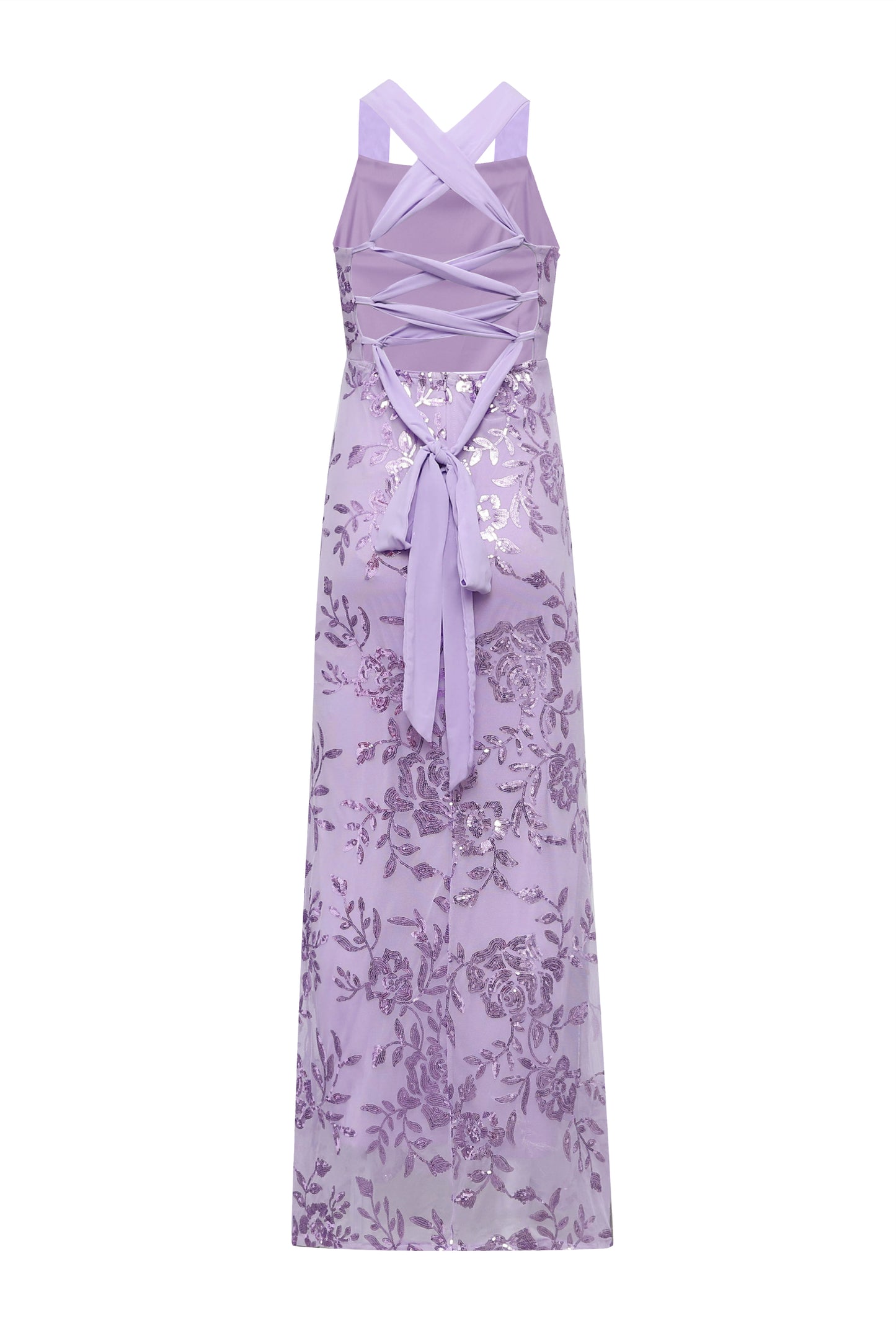 Square Neck Purple Floral Sequin Long Dress with Slit