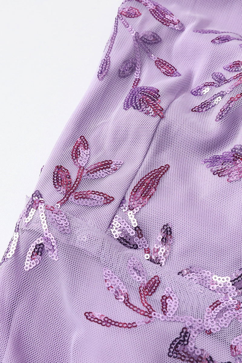 Square Neck Purple Floral Sequin Long Dress with Slit