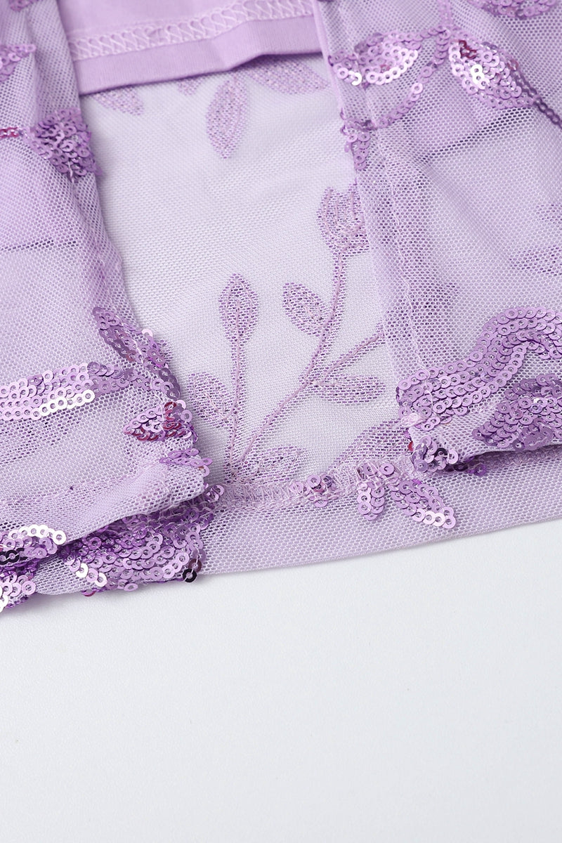 Square Neck Purple Floral Sequin Long Dress with Slit