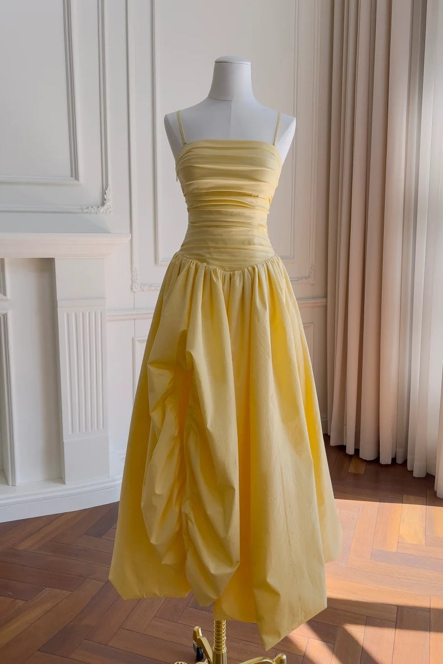 Square Neck Yellow Pleated Long Dress with Slit