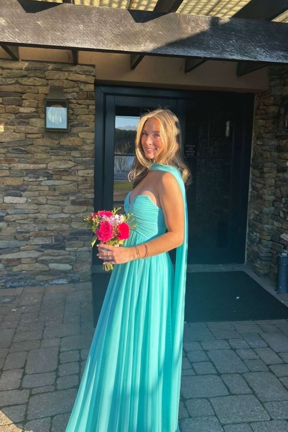 Stapless Pink Pleated A-line Long Dress with Scarf