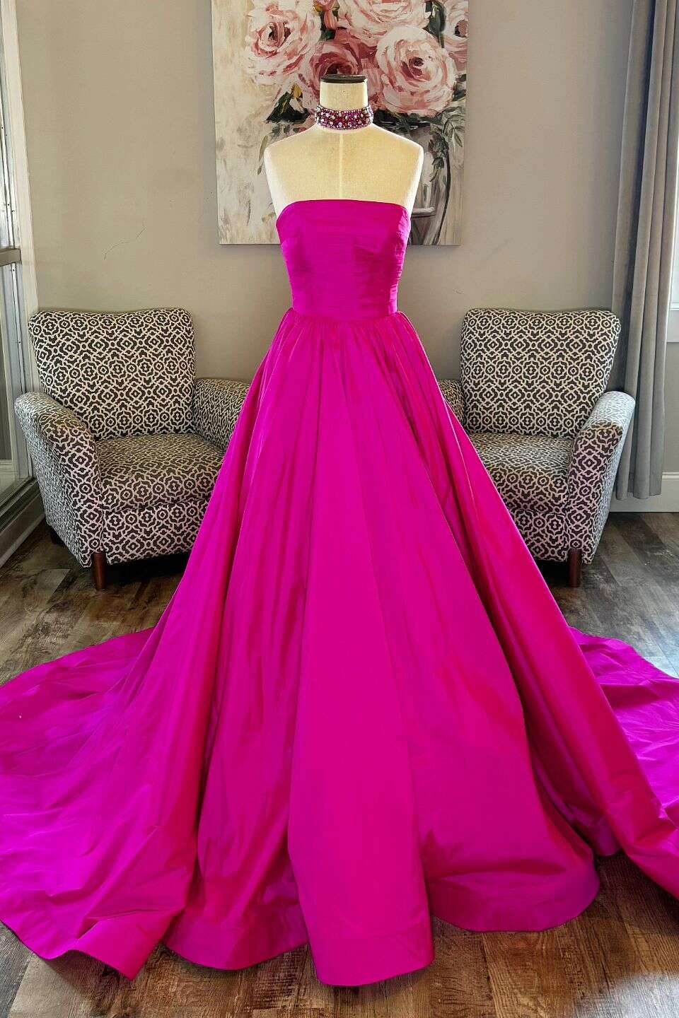 Straples Fuchsia Pleated A-line Long Dress