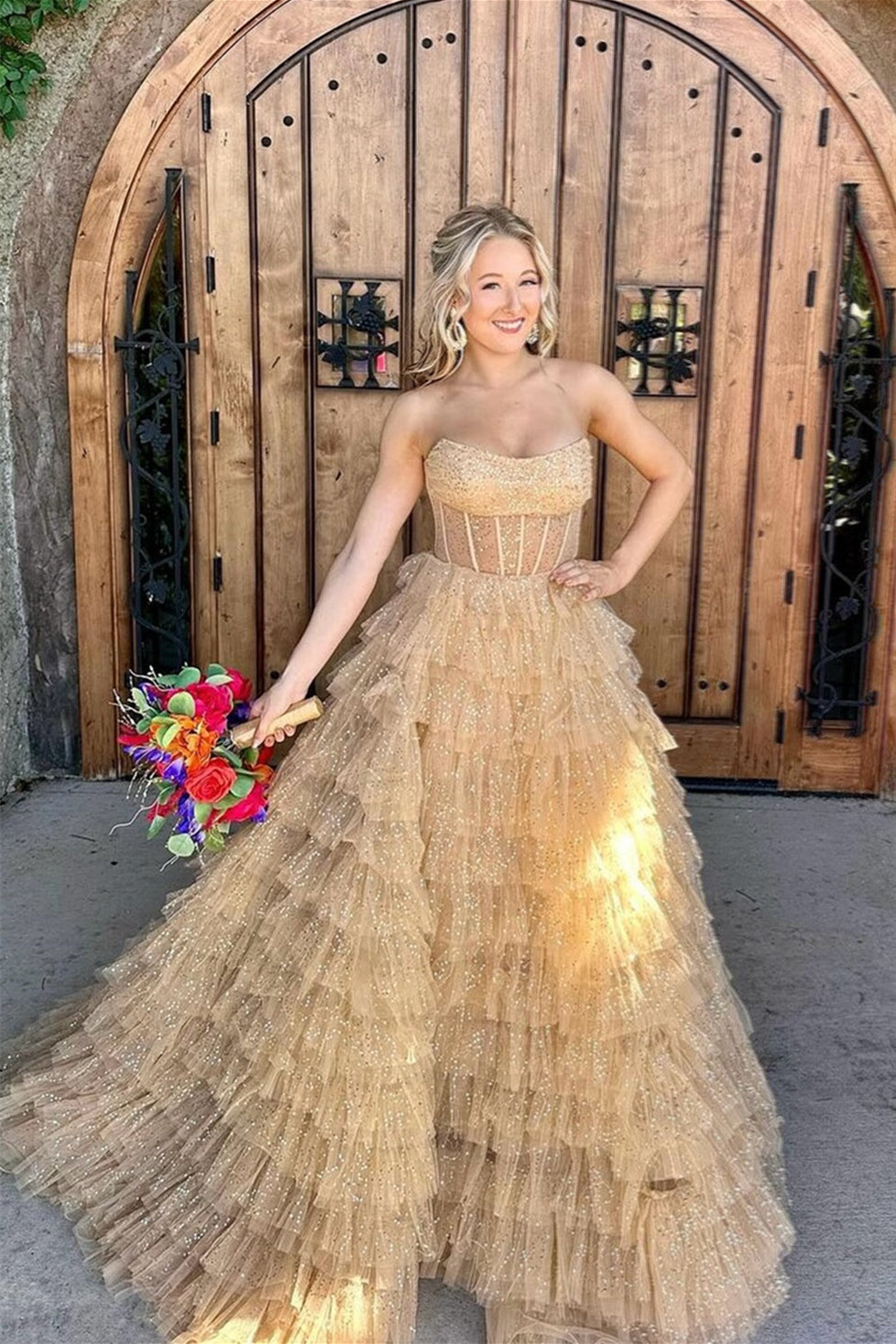 Strapless Golden Tiered Sparkle Tulle Long Dress with Slit