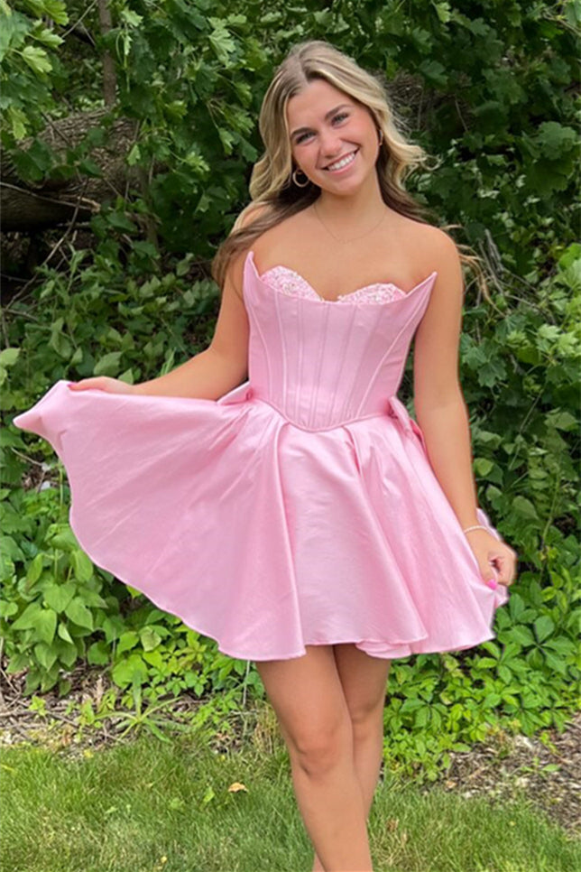 Strapless Pink Beaded Neck A-line Short Dress