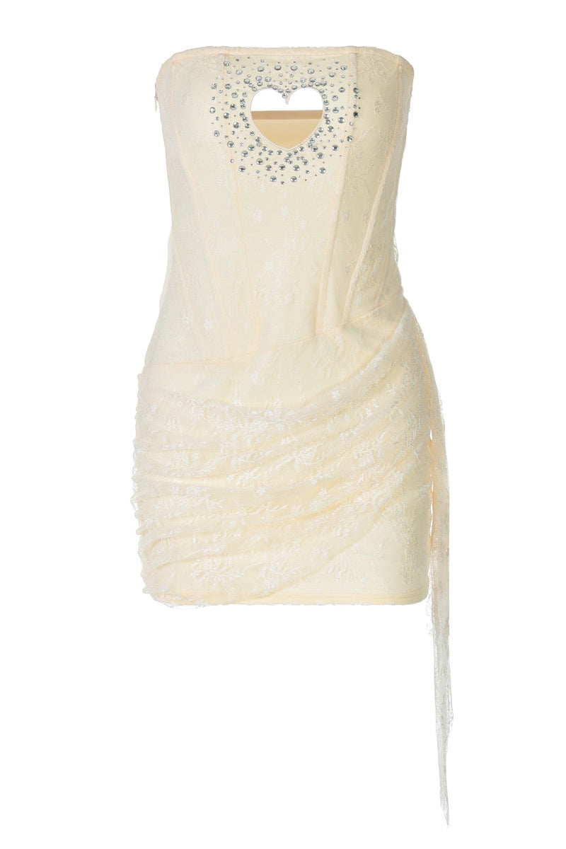 Strapless Apricot Hollow Heart Lace Short Dress