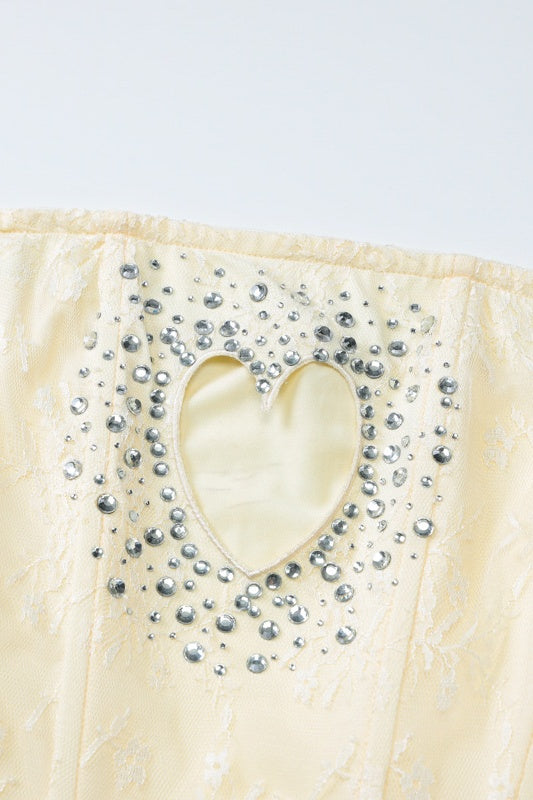 
                      
                        Strapless Apricot Hollow Heart Lace Short Dress
                      
                    