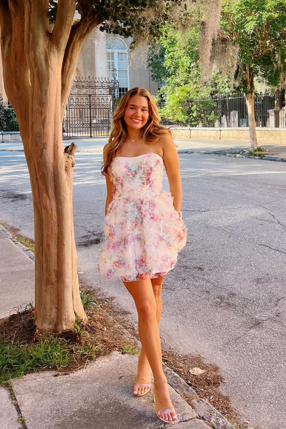Strapless Apricot Floral Print A-line Short Dress