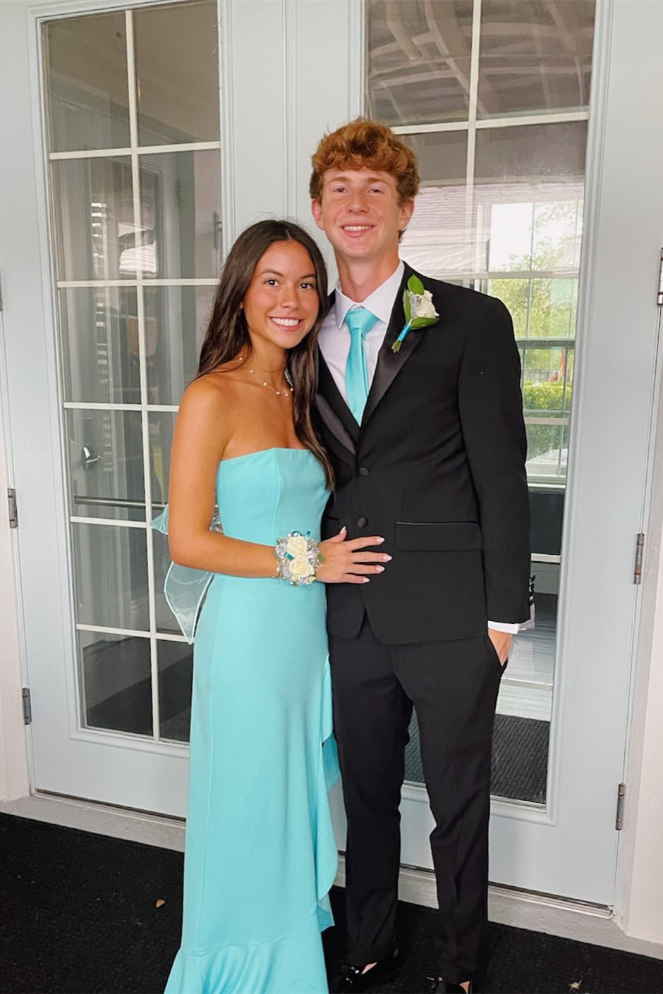 Strapless Aqua Ruffled Hem Long Dress with Slit