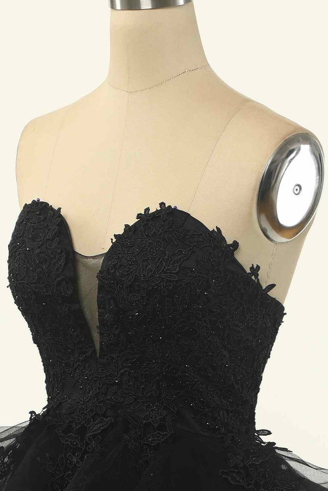 
                      
                        Strapless Black Appliques Layered Short Dress
                      
                    