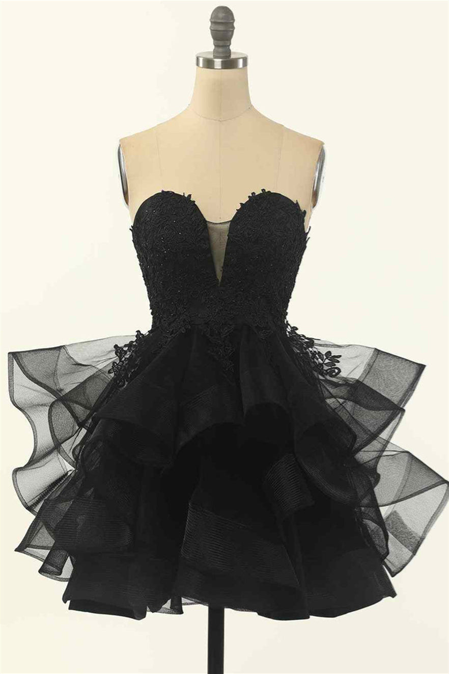 Strapless Black Appliques Layered Short Dress