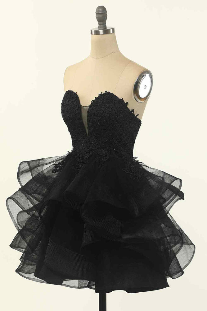 
                      
                        Strapless Black Appliques Layered Short Dress
                      
                    