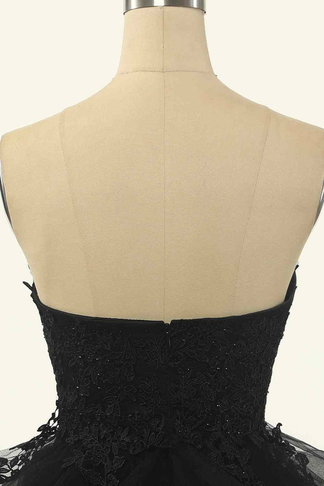 
                      
                        Strapless Black Appliques Layered Short Dress
                      
                    