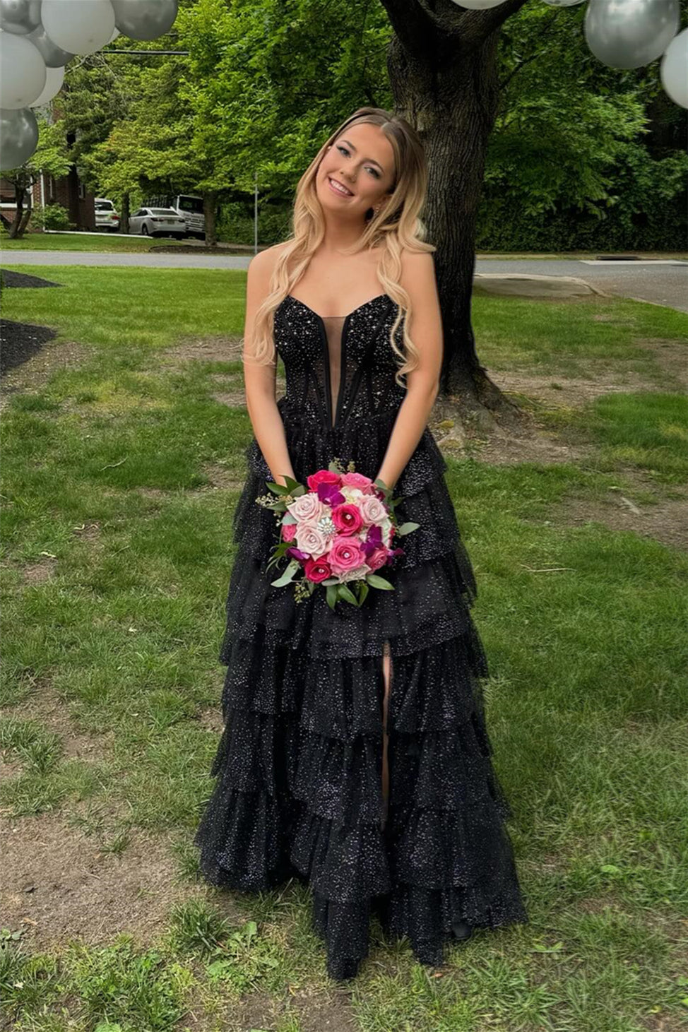 Strapless Black Beaded Tiered Long Dress with Slit