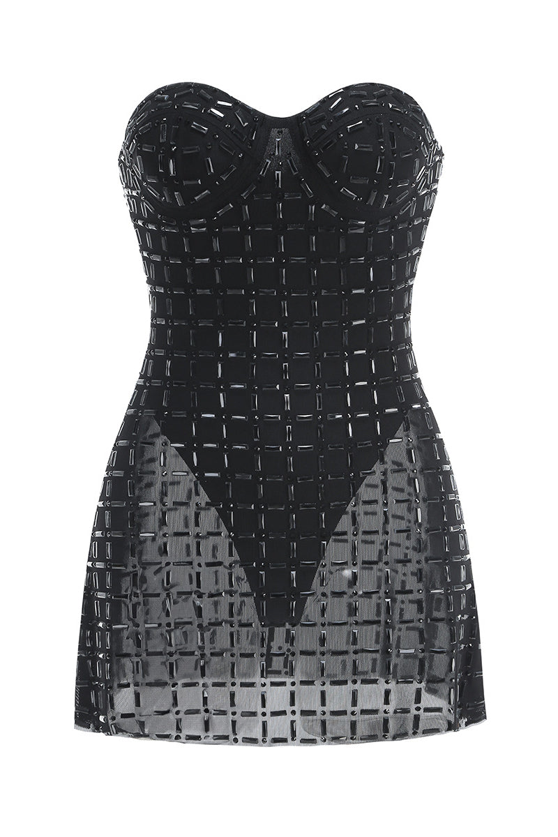 Strapless Black Embellished Sheer Short Dress