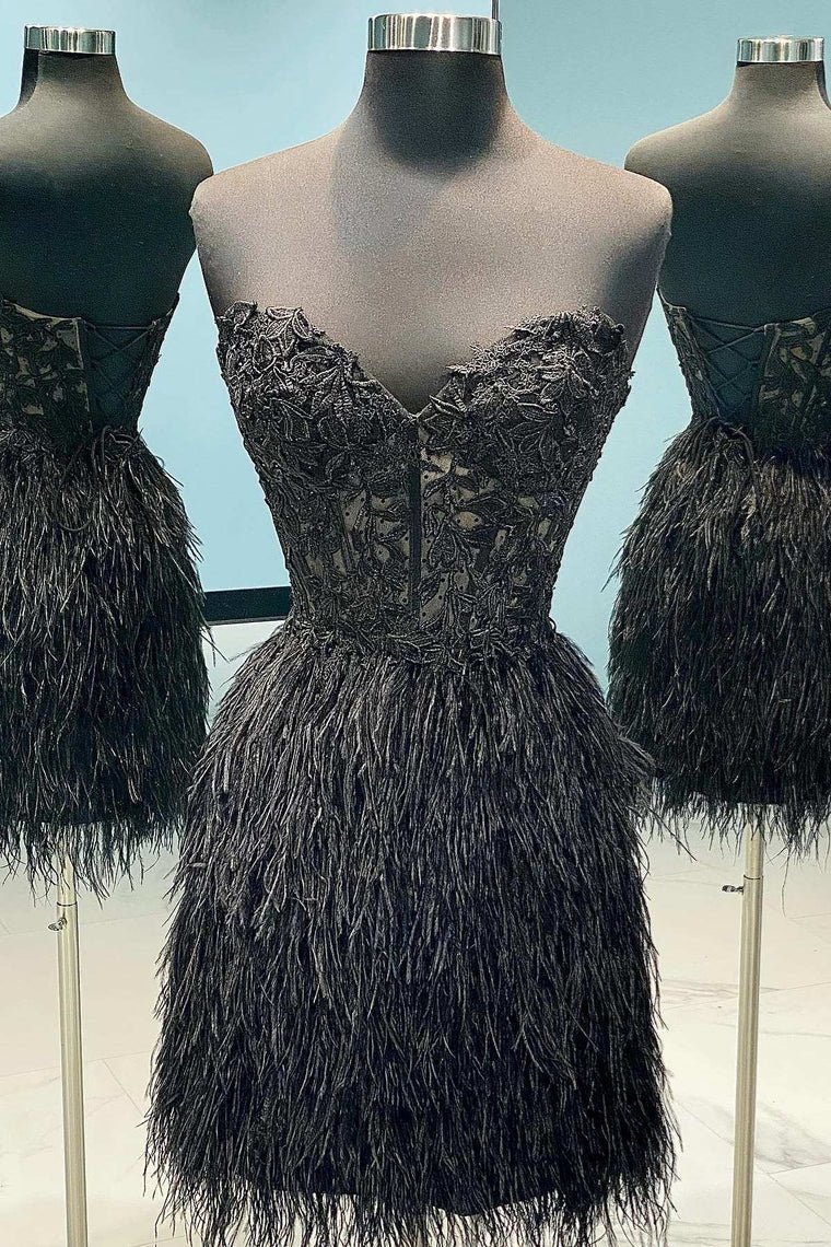 Strapless Black Feather Bodycon Short Dress