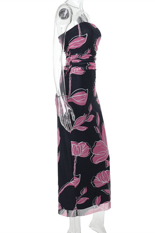 
                      
                        Strapless Black Floral Print Sheath Long Dress
                      
                    