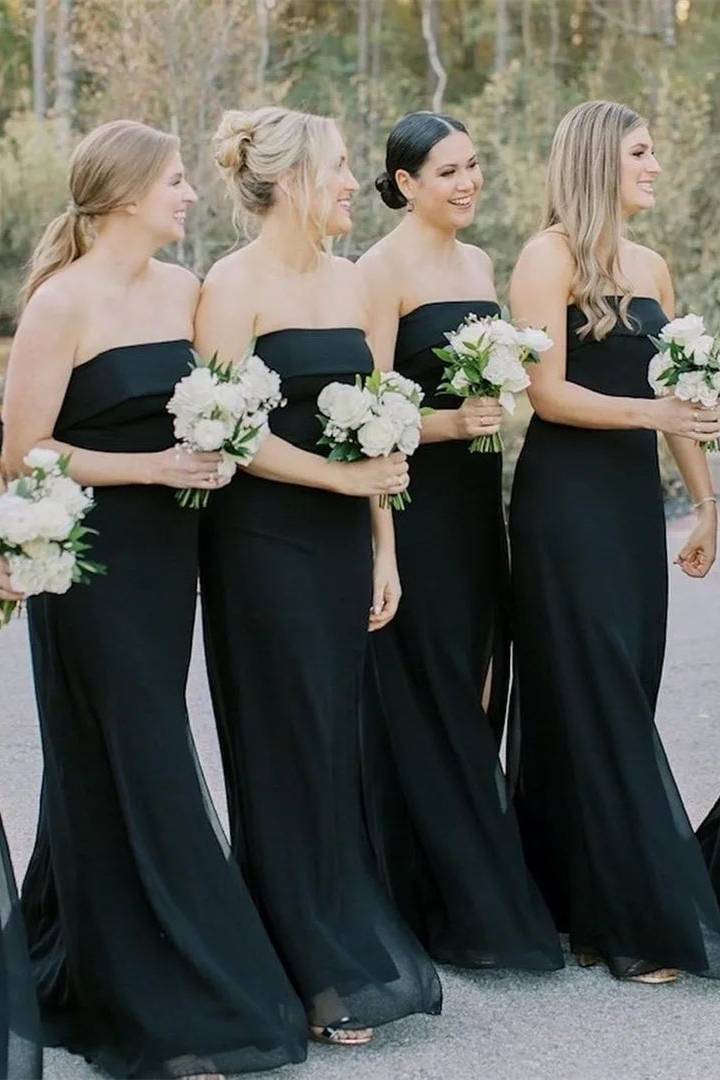 Strapless Black Mermaid Chiffon Bridesmaid Dress