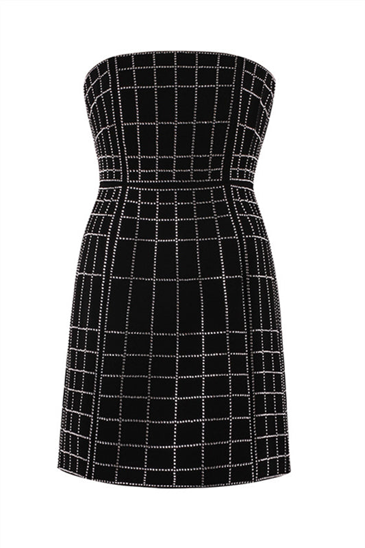Strapless Black Plaid Short Dress with Rhinestones