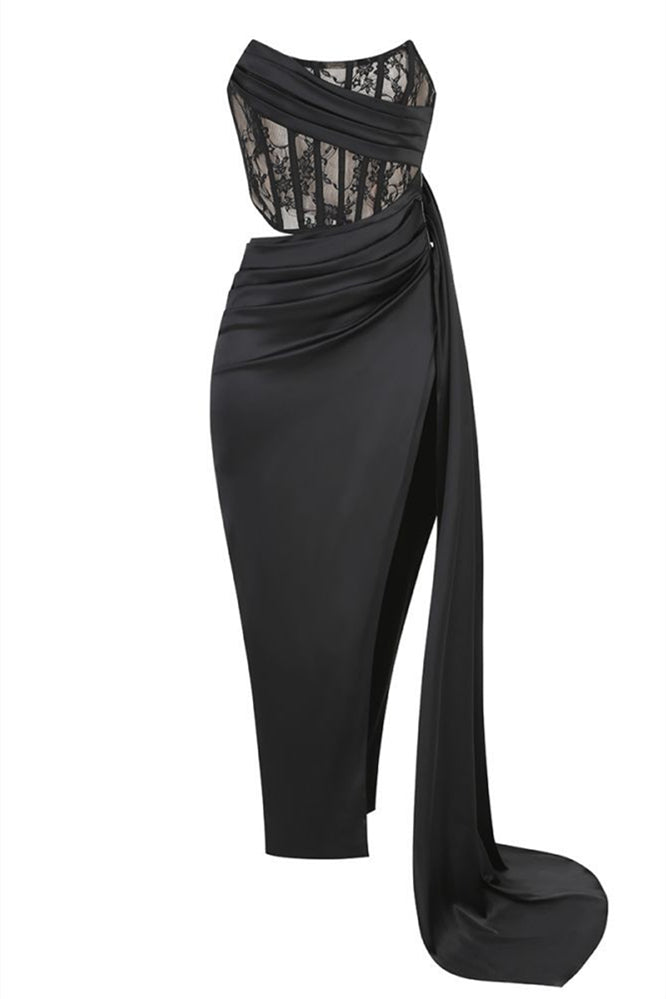 Strapless Black Ruched Sheath Long Dress with Slit