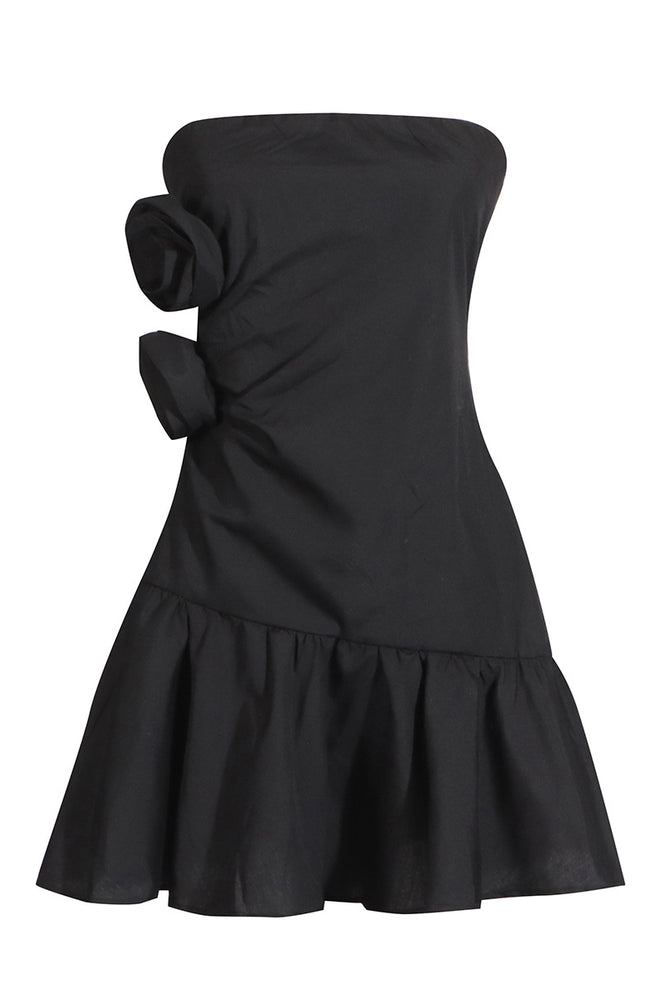 
                      
                        Strapless Black Ruffled Hem Short Dress with Rosette
                      
                    