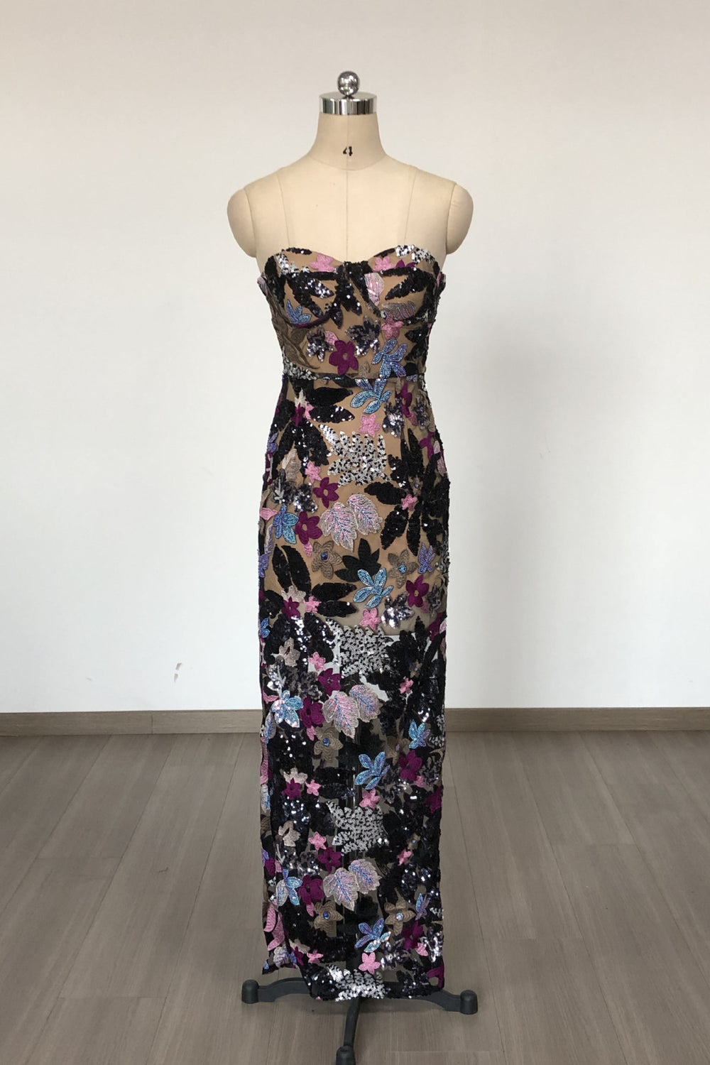 Strapless Black Sequin Appliques Column Long Dress