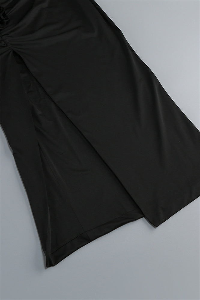 
                      
                        Strapless Black Sheath Long Dress with Rosette
                      
                    