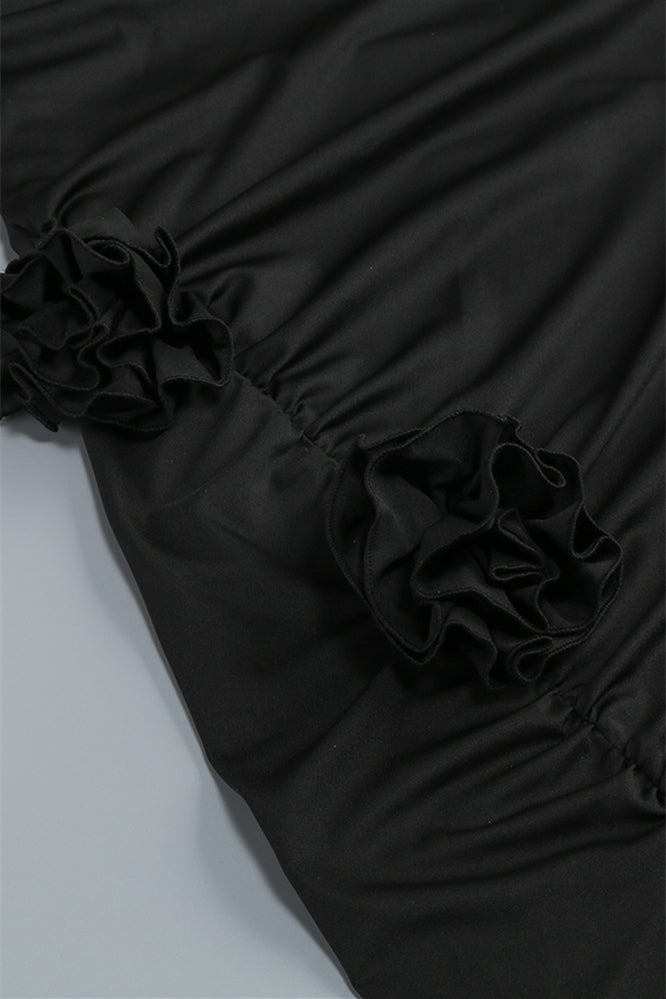 
                      
                        Strapless Black Sheath Long Dress with Rosette
                      
                    