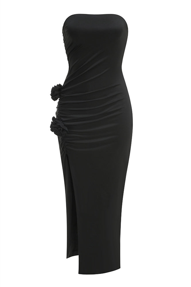 Strapless Black Sheath Long Dress with Rosette