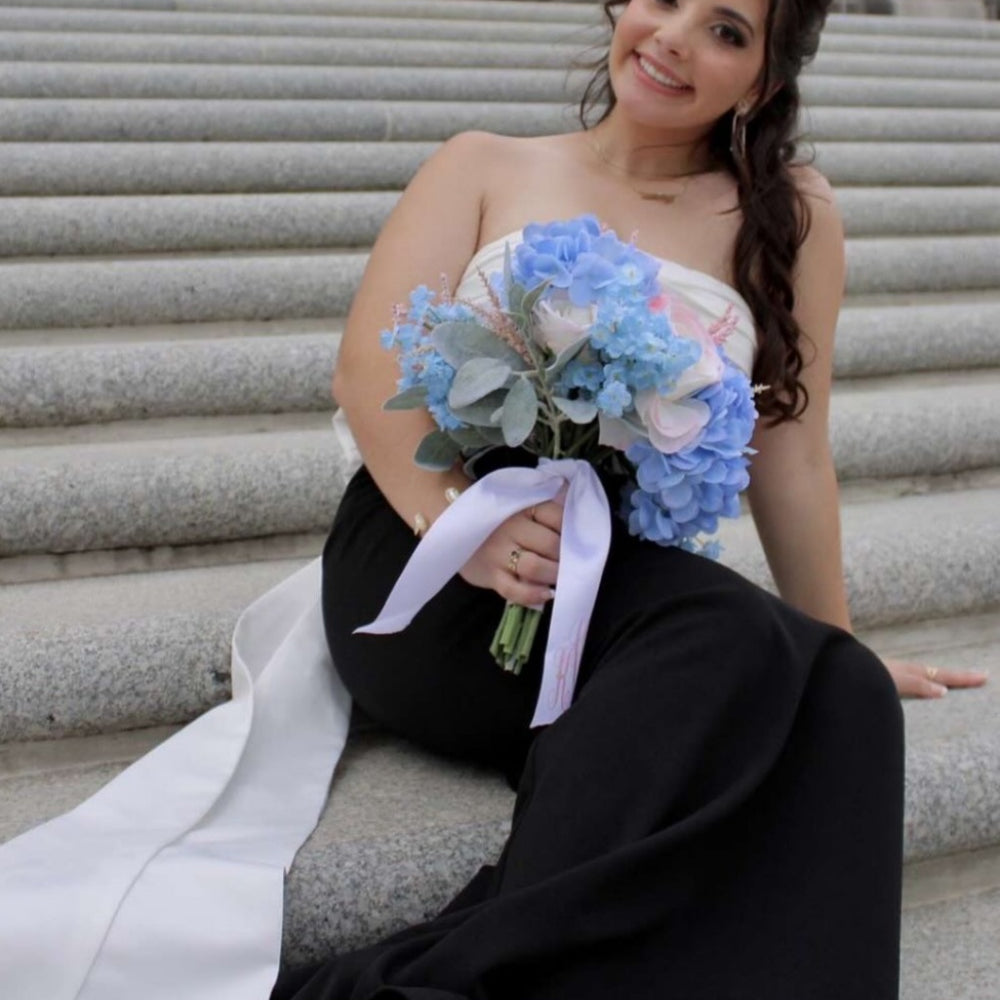 
                      
                        Strapless Black and White Back Bow Long Dress
                      
                    