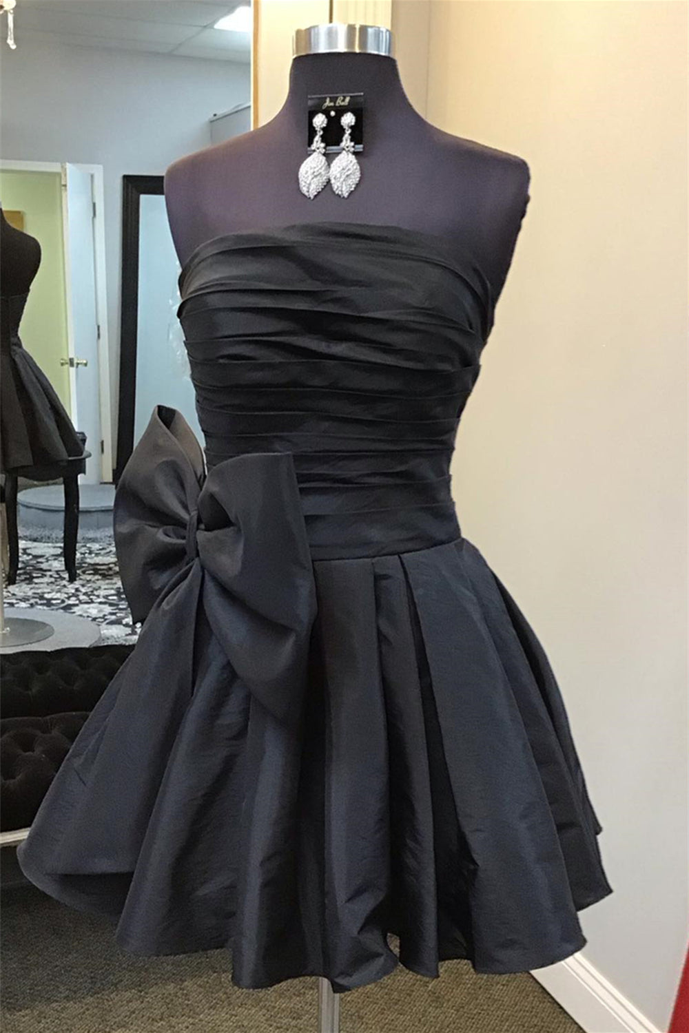 Strapless Black Ruched Short Dress with Bow