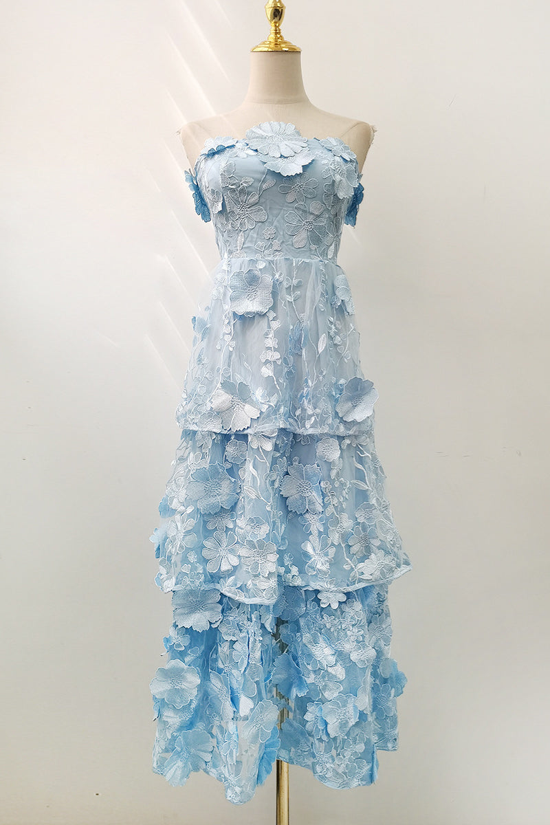 Strapless Blue 3D Floral Tiered Maxi Dress – PollyBoutique