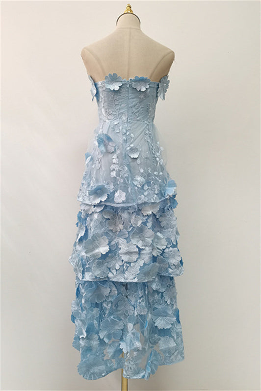 Strapless Blue 3D Floral Tiered Maxi Dress – PollyBoutique