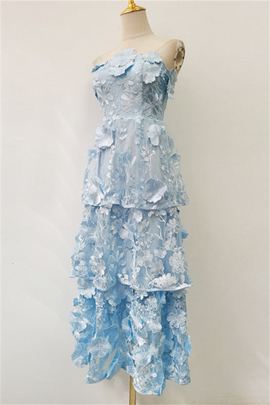 
                      
                        Strapless Blue 3D Floral Tiered Maxi Dress
                      
                    