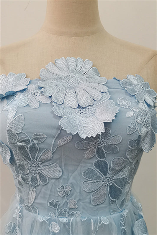 
                      
                        Strapless Blue 3D Floral Tiered Maxi Dress
                      
                    