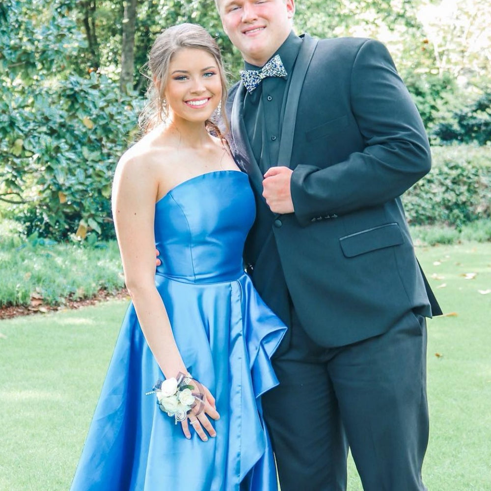 
                      
                        Strapless Blue A-line Satin Long Dress with Slit
                      
                    