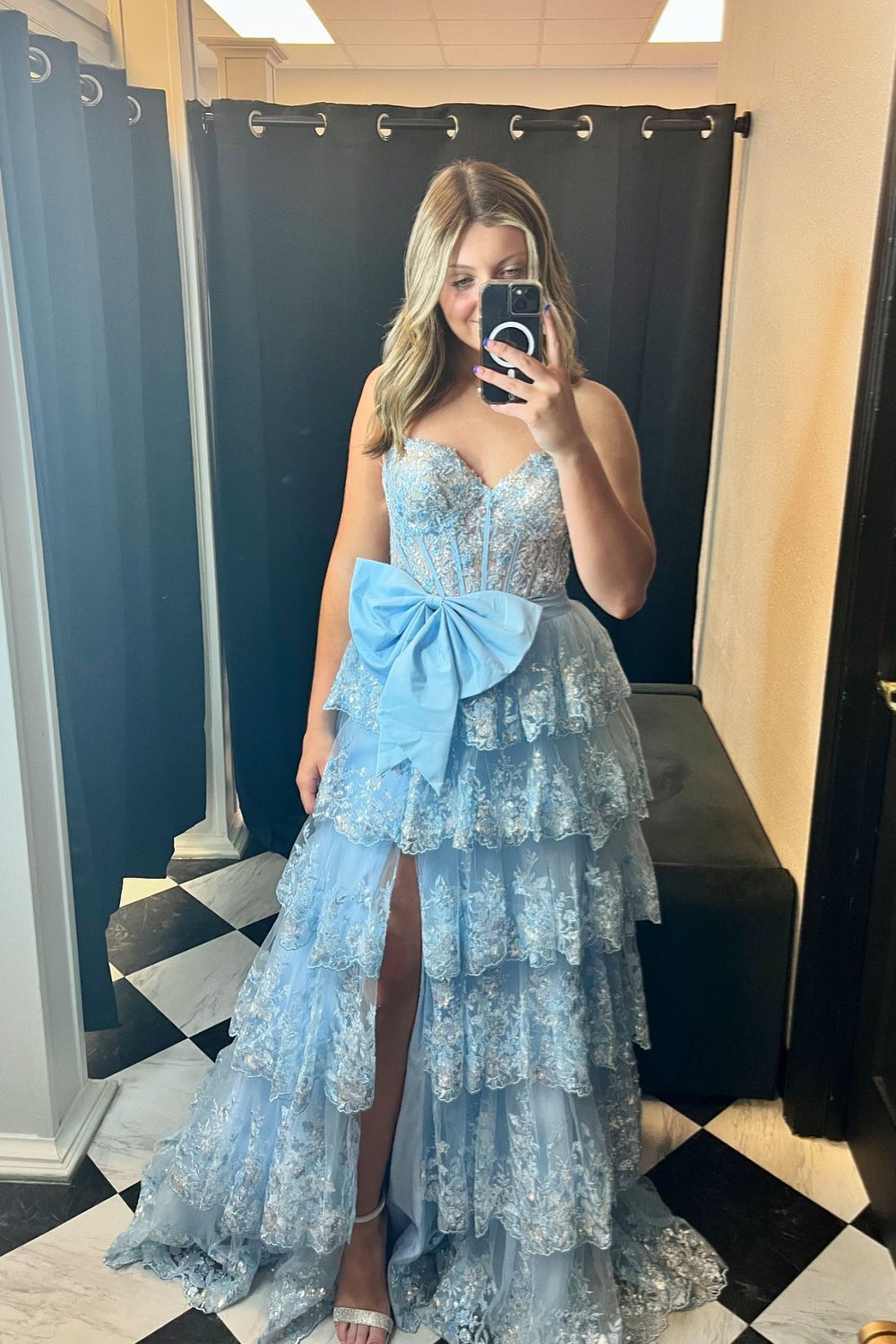 Strapless Blue Appliques Tiered Long Dress with Bow