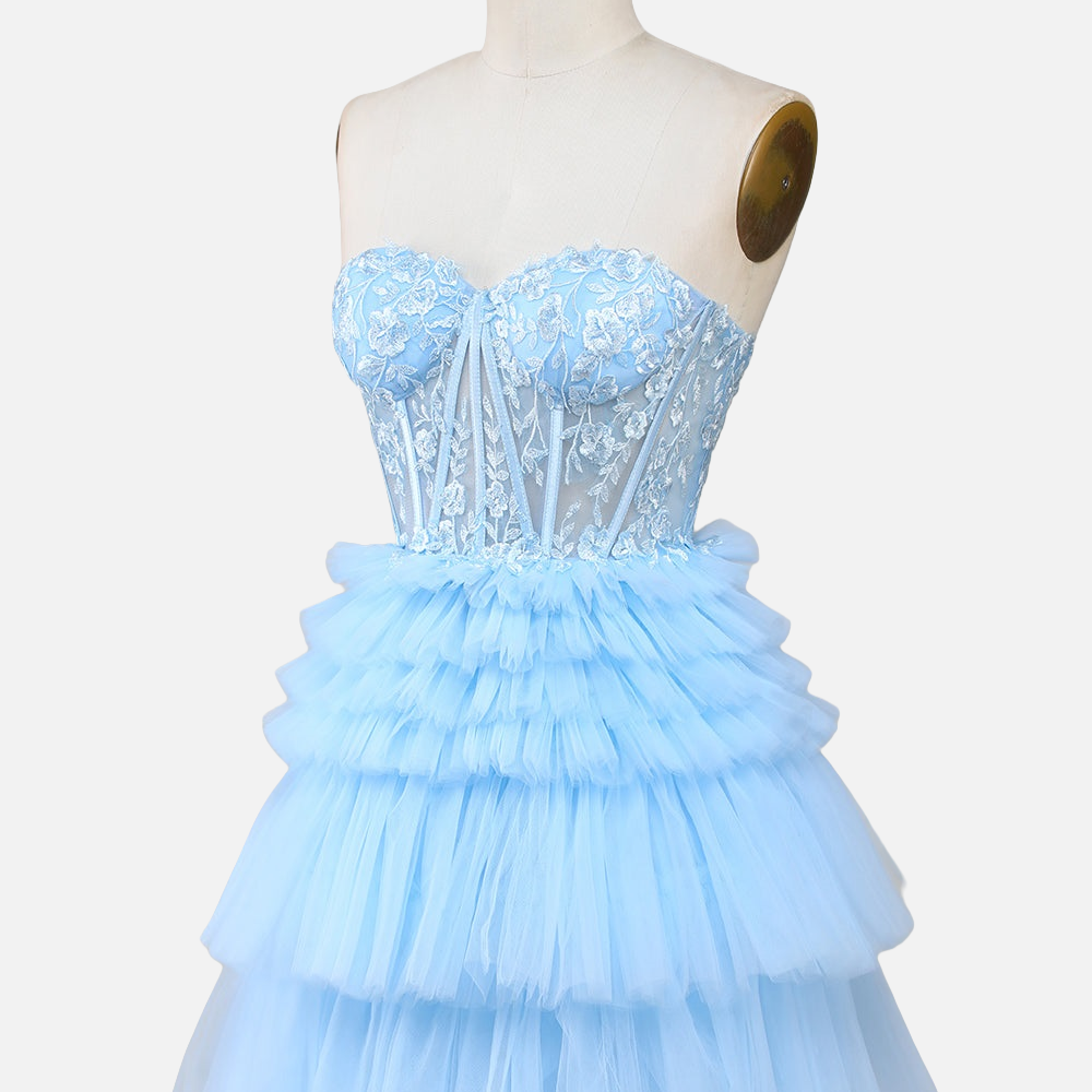 
                      
                        Strapless Blue Appliques Tiered Short Princess Dress
                      
                    