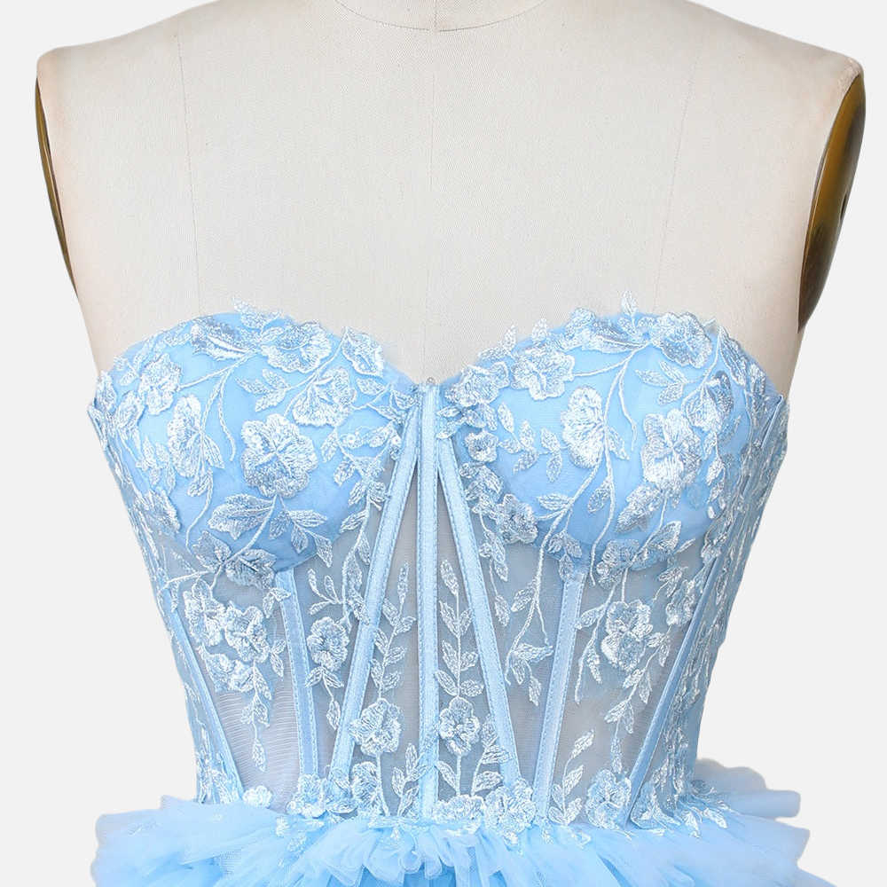 
                      
                        Strapless Blue Appliques Tiered Short Princess Dress
                      
                    