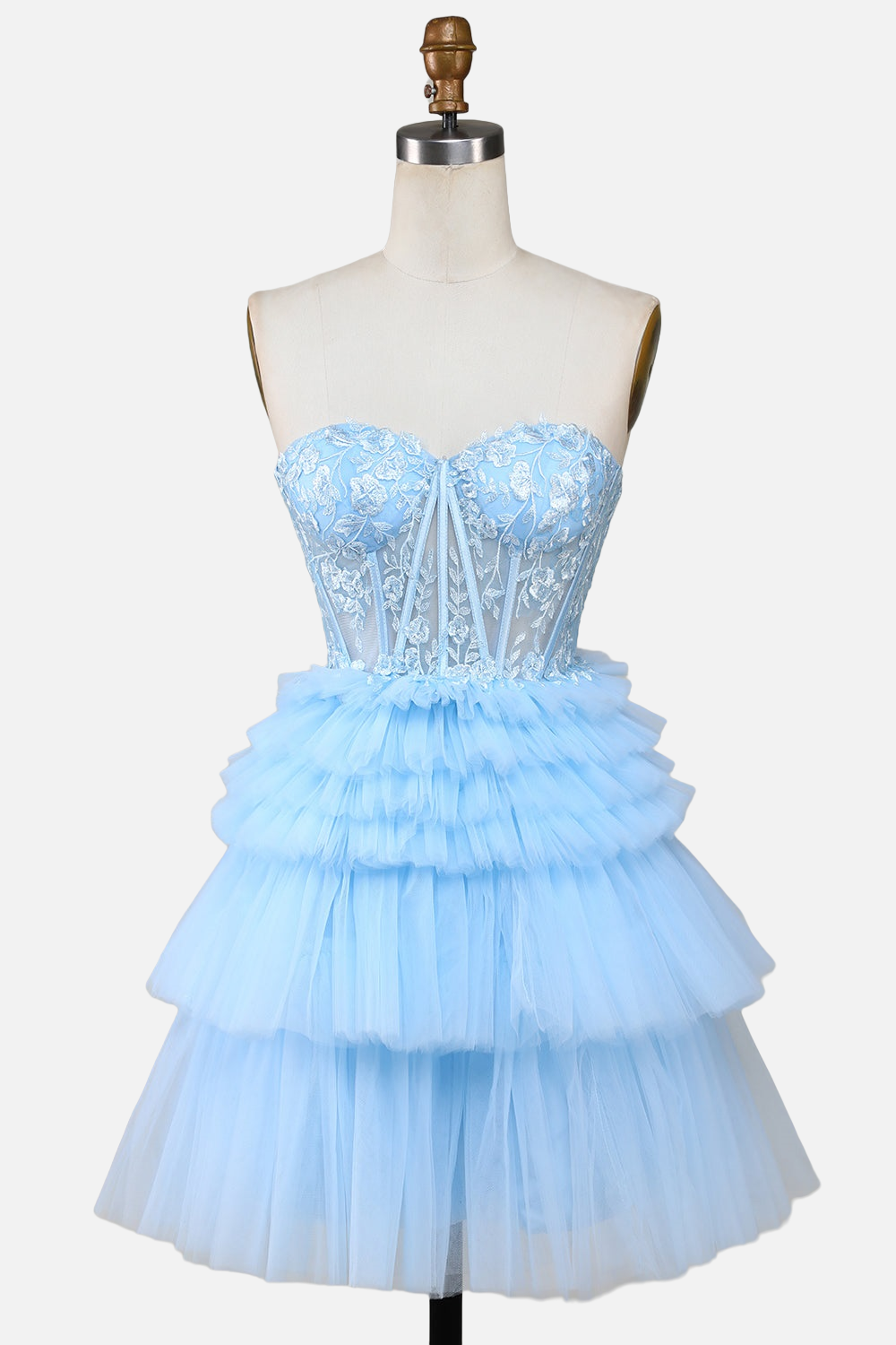 Strapless Blue Appliques Tiered Short Princess Dress