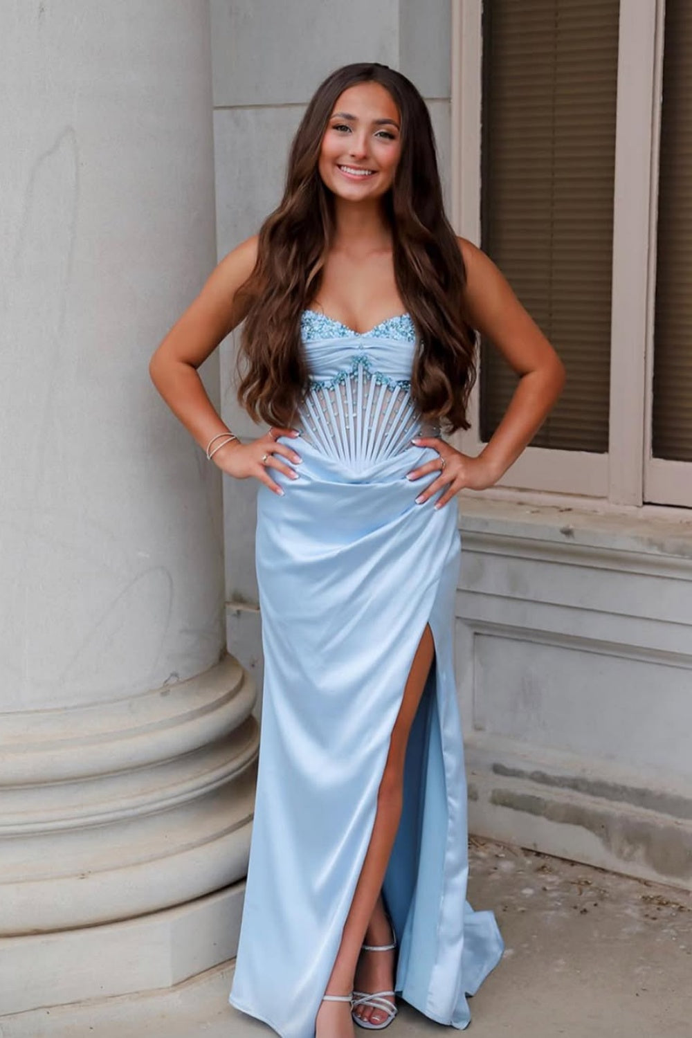 Strapless Light Blue Beaded Long Dress with Slit PollyBoutique Strapless Light Blue Beaded Long Dress with Slit PollyBoutique