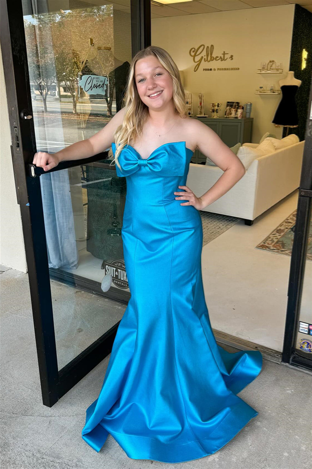 Strapless Blue Bow Front Mermaid Long Dress