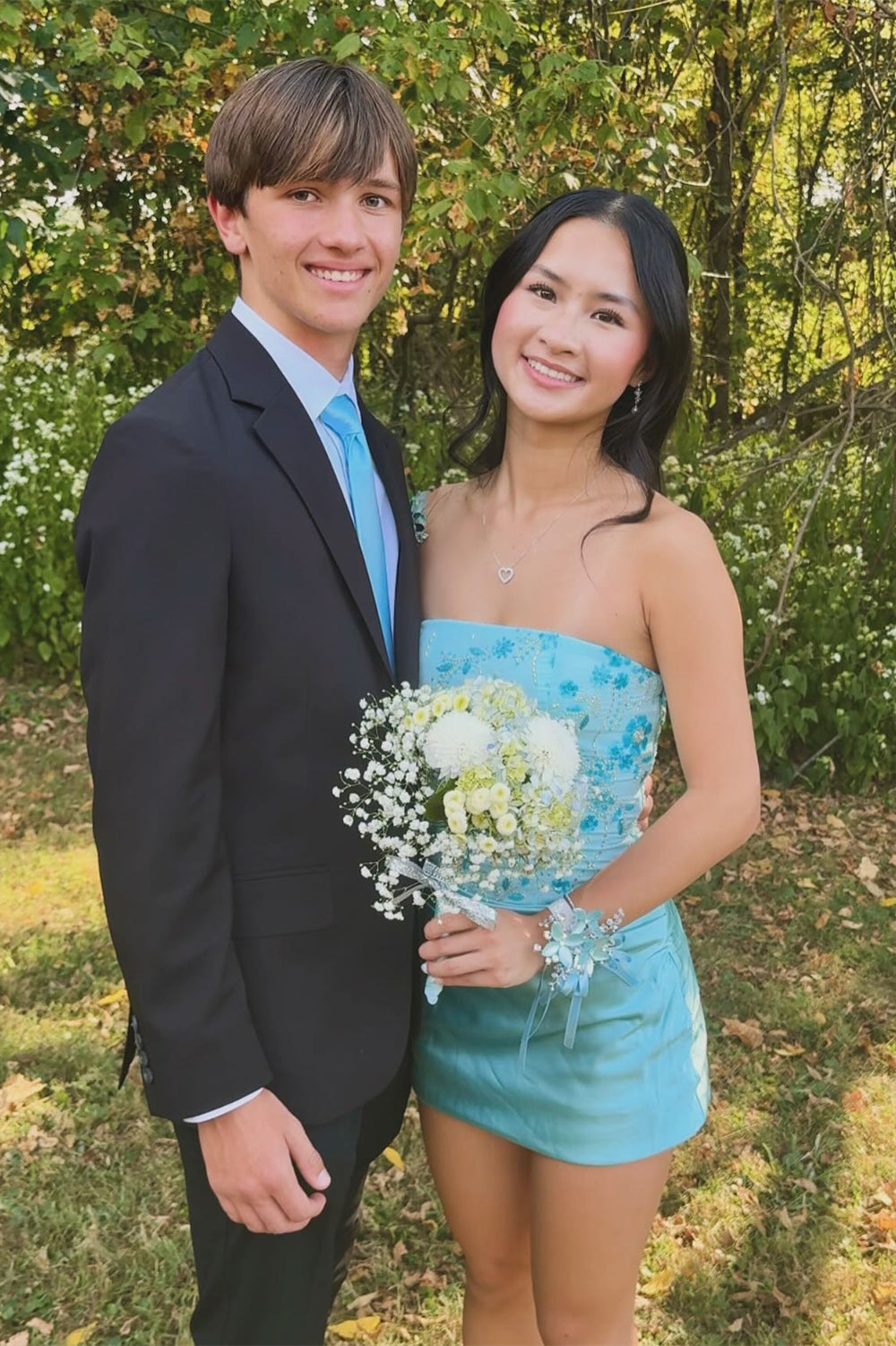 Strapless Blue Floral Beaded Ruched Mini Dress