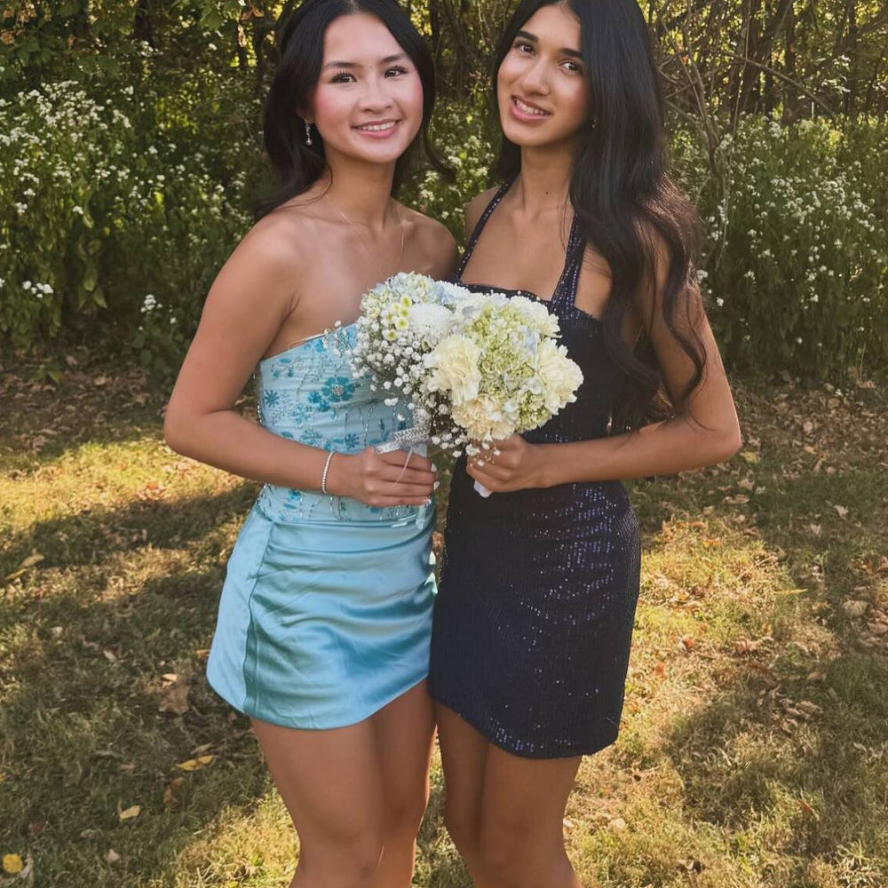 
                      
                        Strapless Blue Floral Beaded Ruched Mini Dress
                      
                    