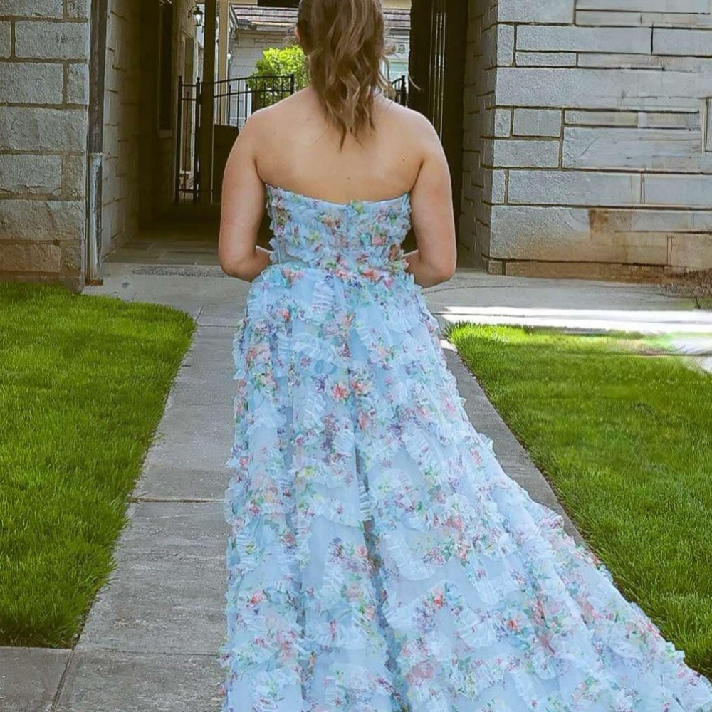 
                      
                        Strapless Blue Floral Print Ruffle Long Dress with Slit
                      
                    