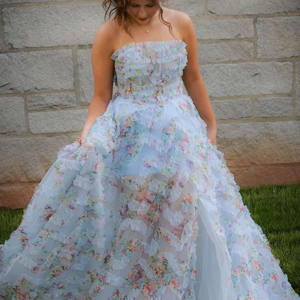 
                      
                        Strapless Blue Floral Print Ruffle Long Dress with Slit
                      
                    