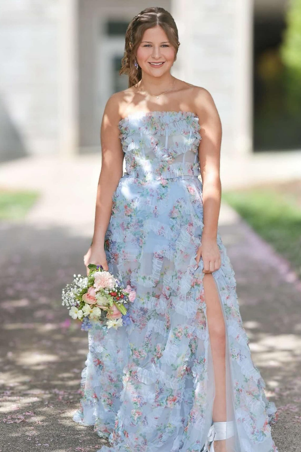 Strapless Blue Floral Print Ruffle Long Dress with Slit