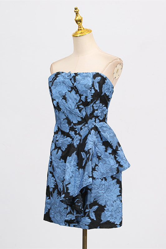 
                      
                        Strapless Blue Floral Print Short Dress
                      
                    